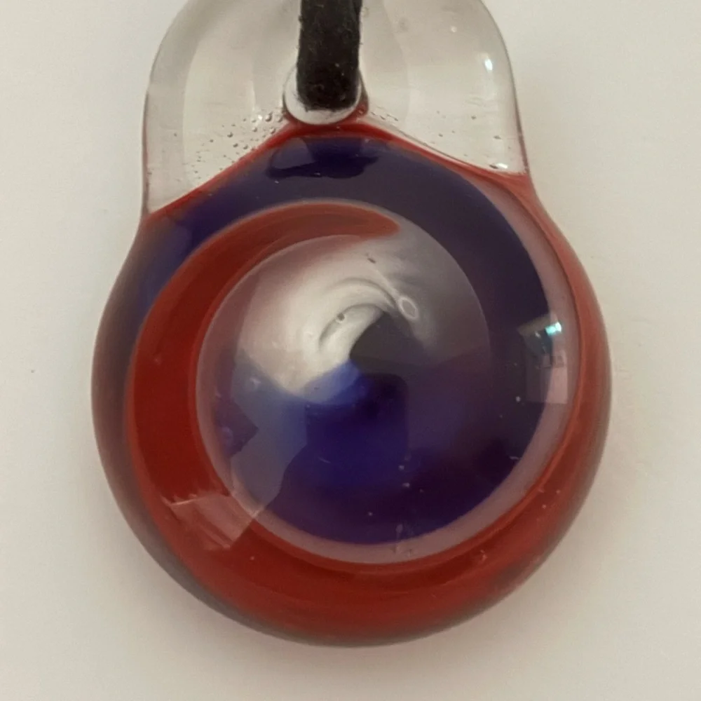 Red, White and Blue Marble Swirl Glass Pendant on Black Cord Keychain
